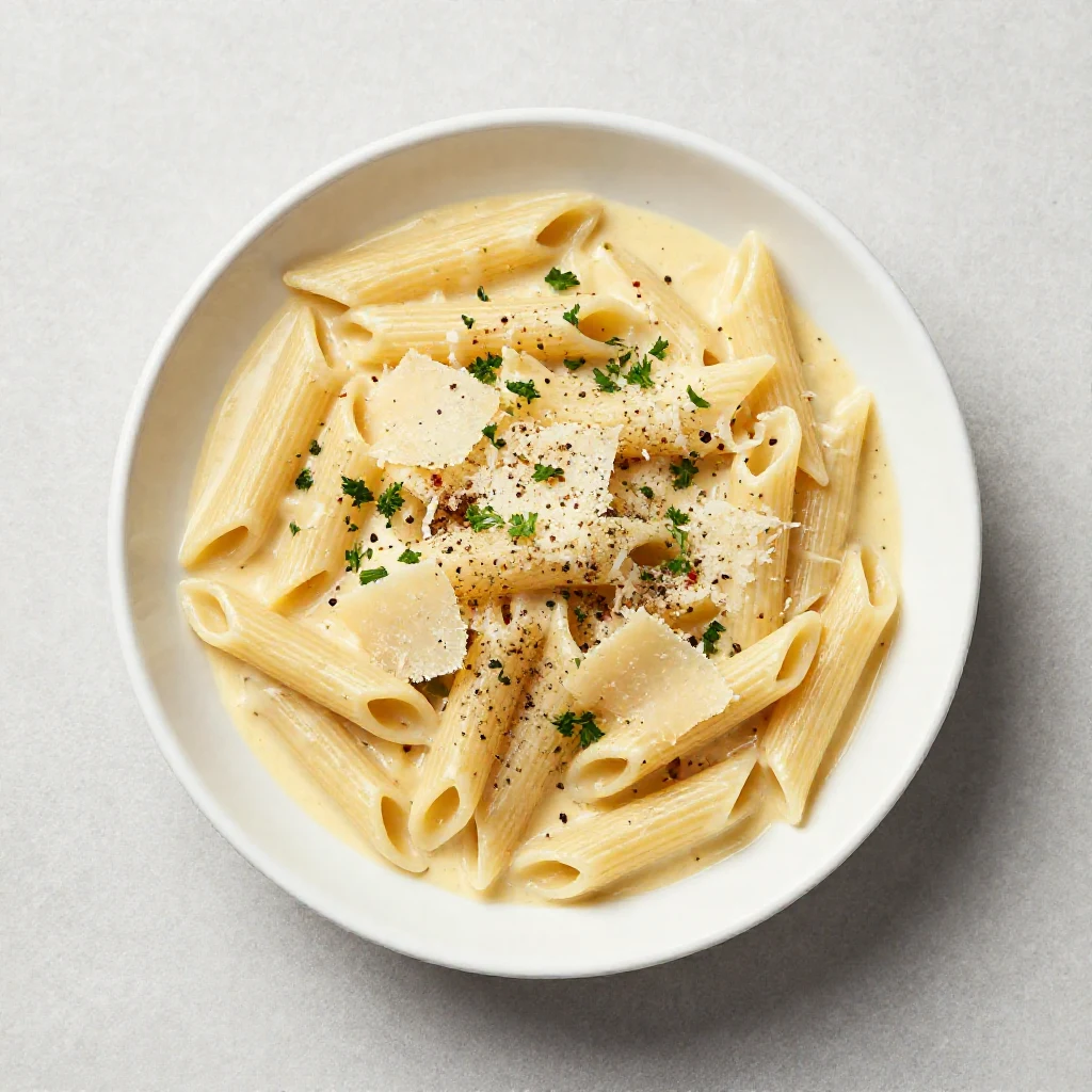 A close-up shot of creamy garlic pasta in a single pot, garnished with fresh parsley.