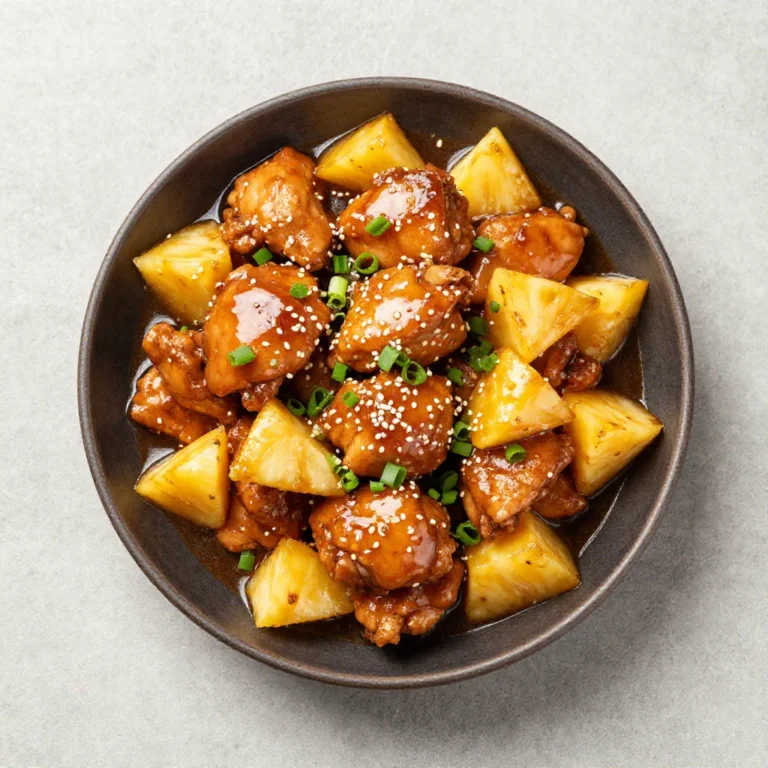 A close-up shot of a skillet filled with glistening brown sugar pineapple chicken, garnished with fresh cilantro, ready to be served.