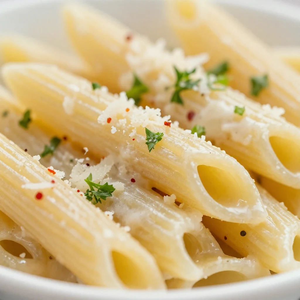 A close-up shot of creamy garlic pasta in a single pot, garnished with fresh parsley.