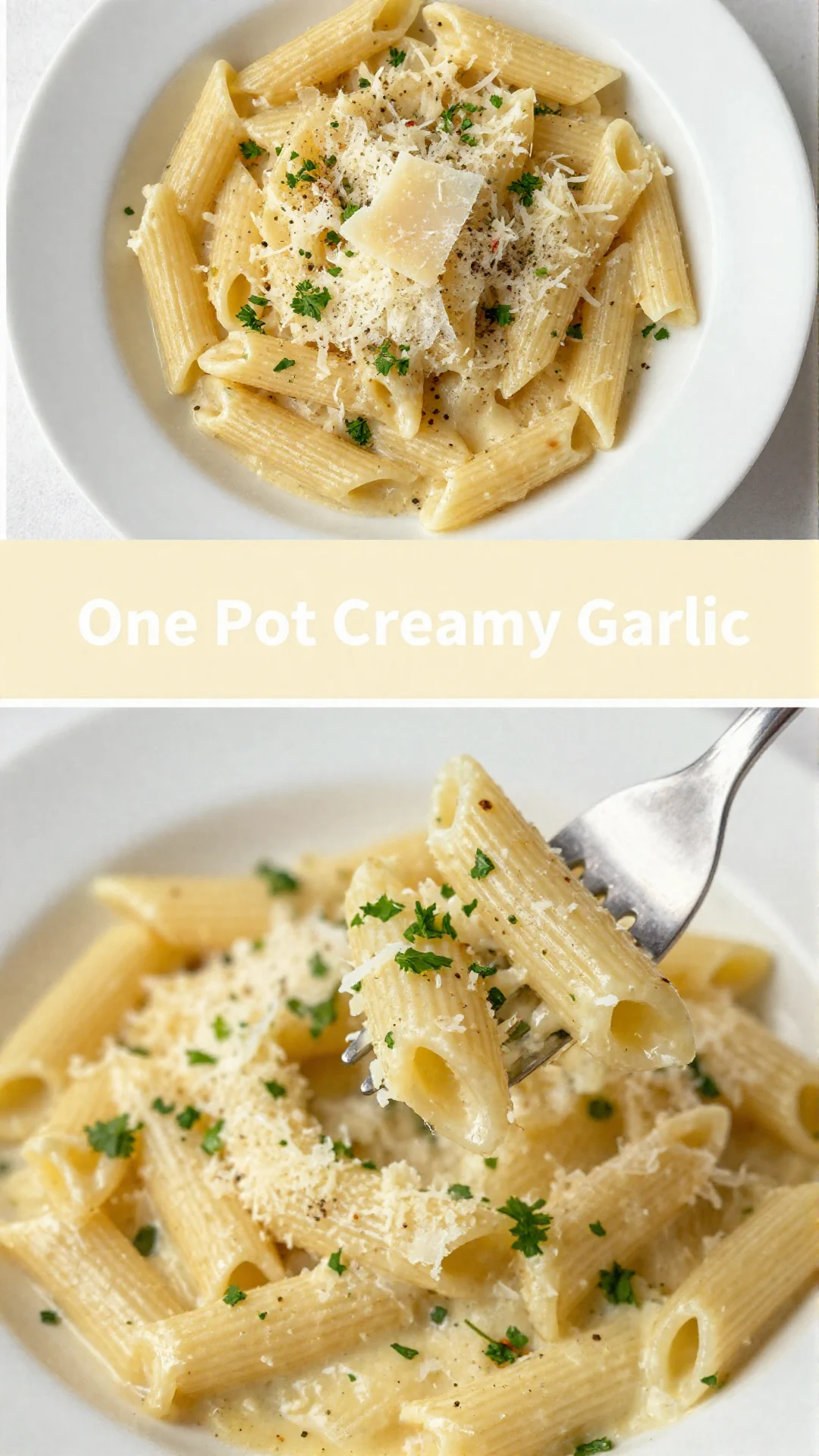 A close-up shot of creamy garlic pasta in a single pot, garnished with fresh parsley.