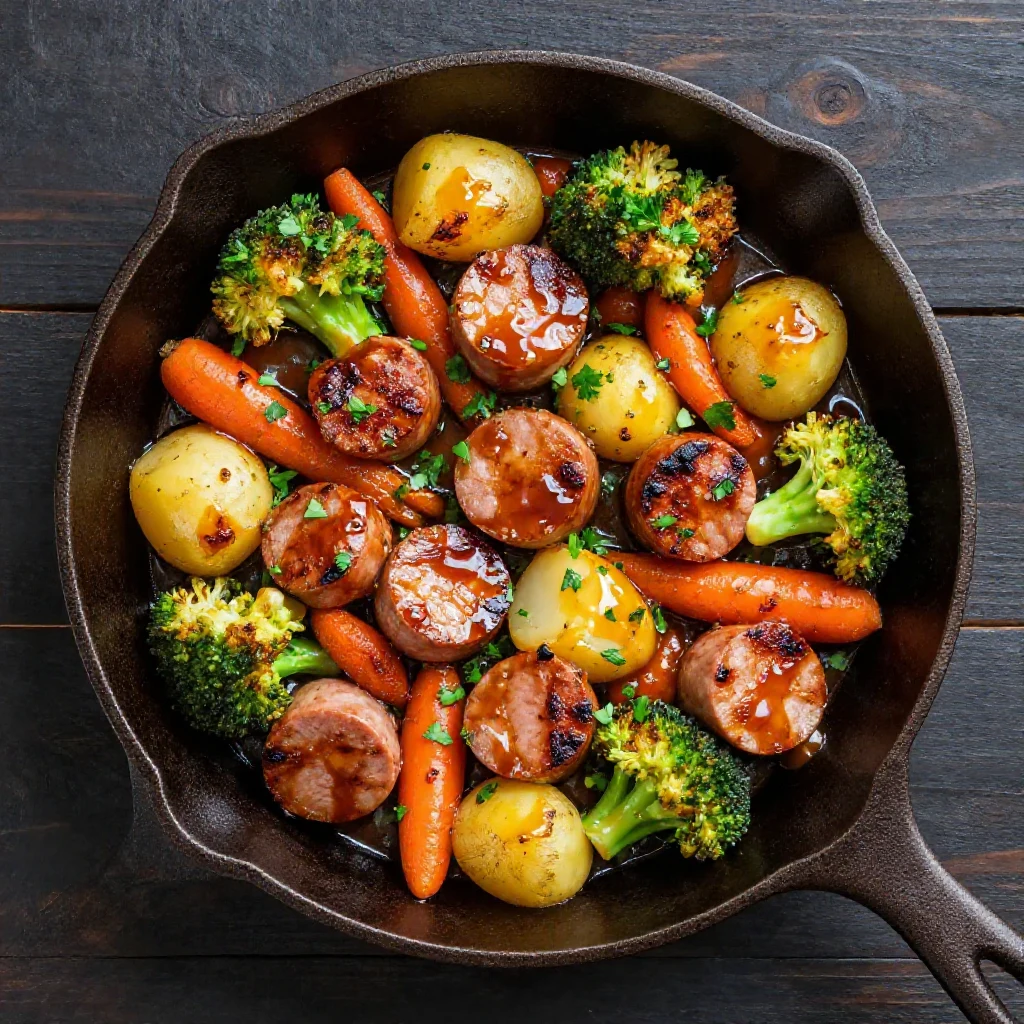 A close-up shot of honey garlic kielbasa and colorful roasted vegetables (broccoli, bell peppers, onions) sizzling in a single sheet pan, ready to serve.