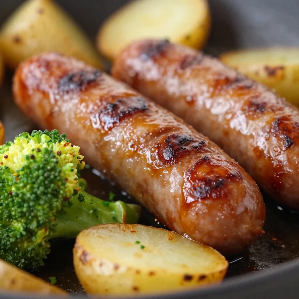 A close-up shot of honey garlic kielbasa and colorful roasted vegetables (broccoli, bell peppers, onions) sizzling in a single sheet pan, ready to serve.