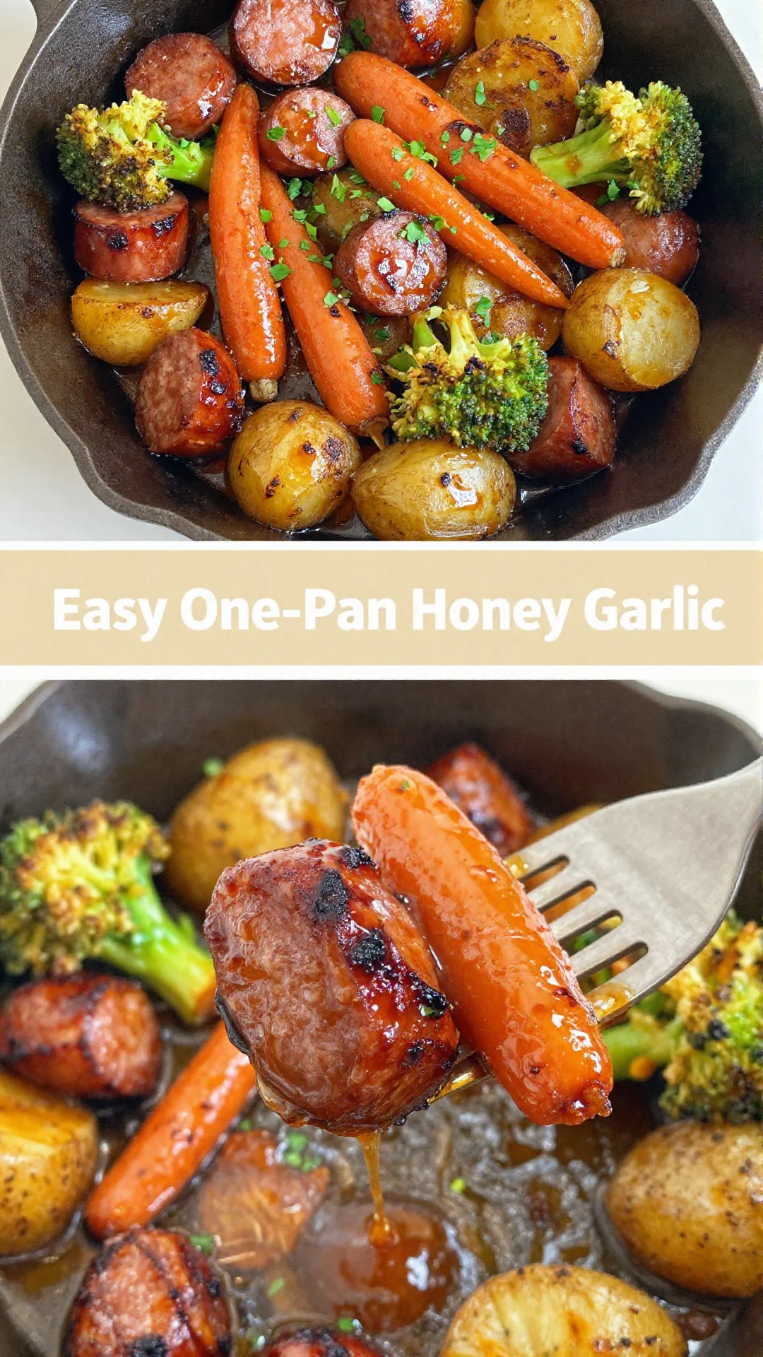 A close-up shot of honey garlic kielbasa and colorful roasted vegetables (broccoli, bell peppers, onions) sizzling in a single sheet pan, ready to serve.