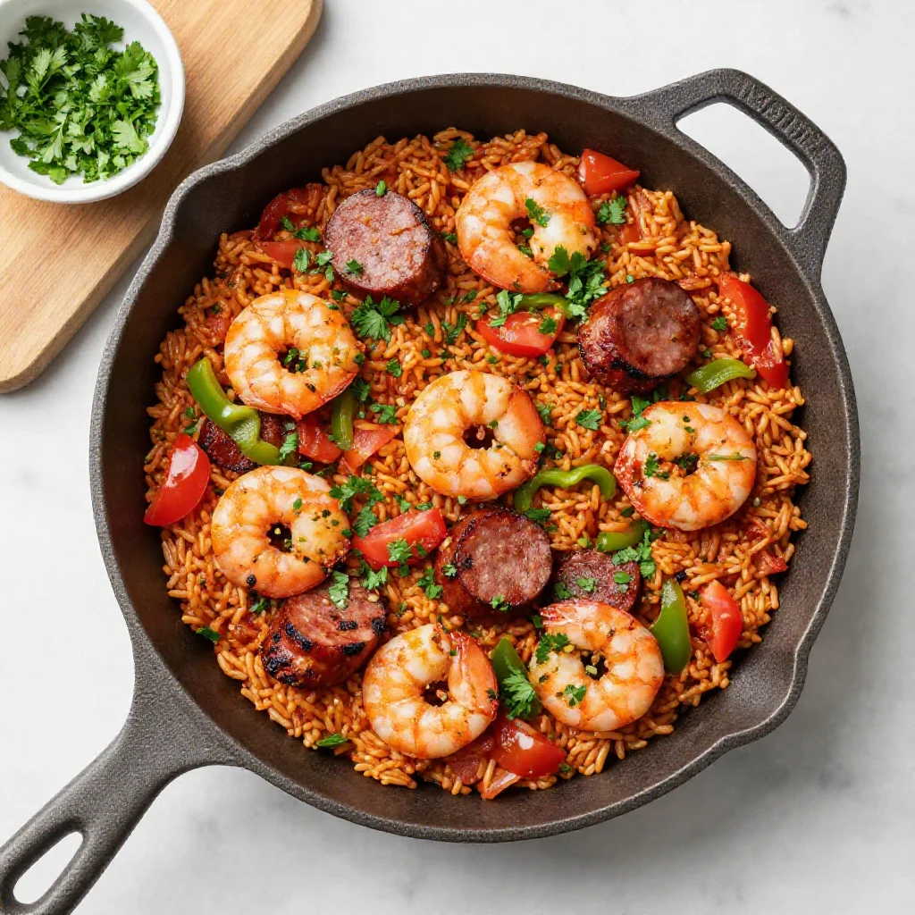 A close-up shot of a vibrant, steaming bowl of easy homemade jambalaya with rice, chicken, sausage, and shrimp, garnished with fresh parsley.