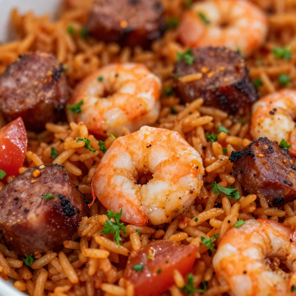 A close-up shot of a vibrant, steaming bowl of easy homemade jambalaya with rice, chicken, sausage, and shrimp, garnished with fresh parsley.