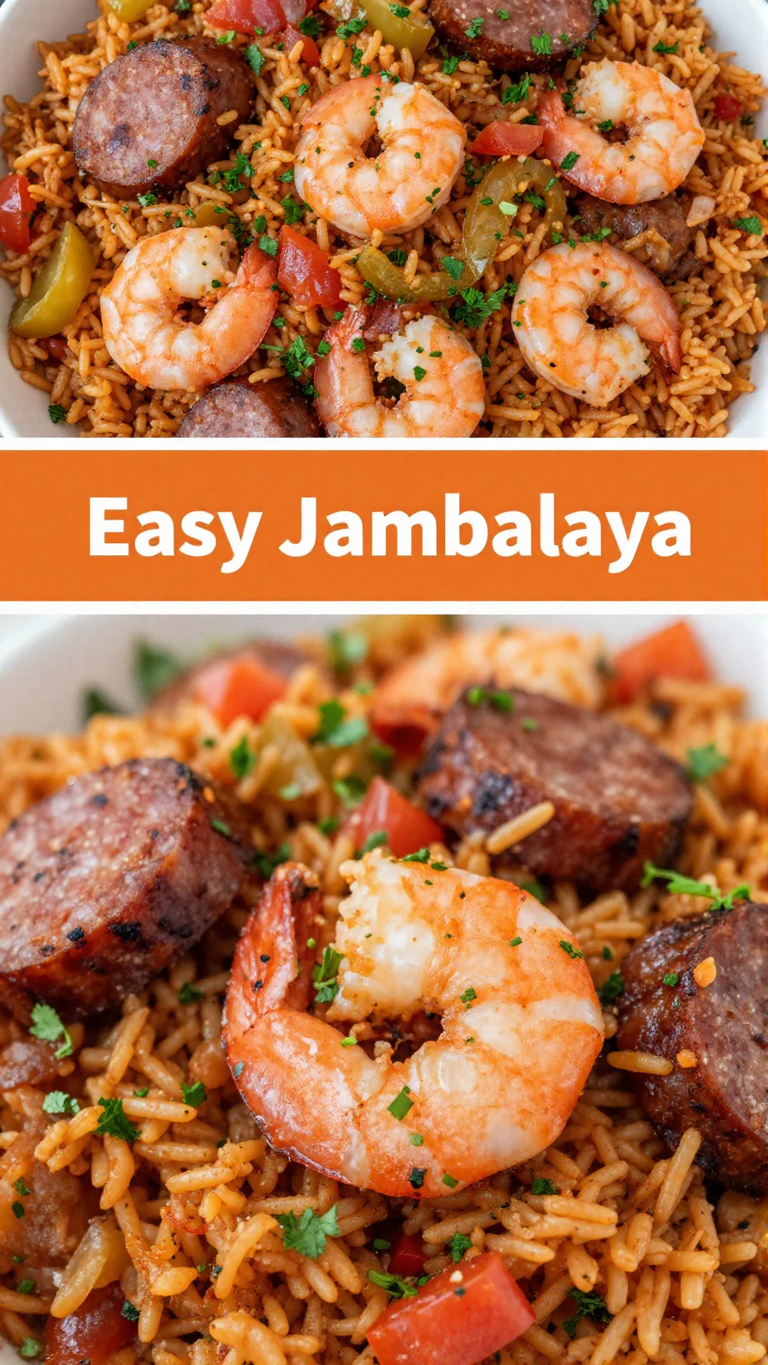 A close-up shot of a vibrant, steaming bowl of easy homemade jambalaya with rice, chicken, sausage, and shrimp, garnished with fresh parsley.