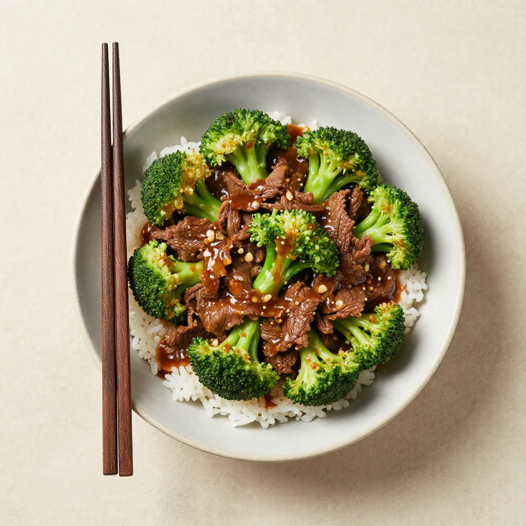 A close-up of a plate of Chinese beef and broccoli stir-fry with a rich brown sauce.
