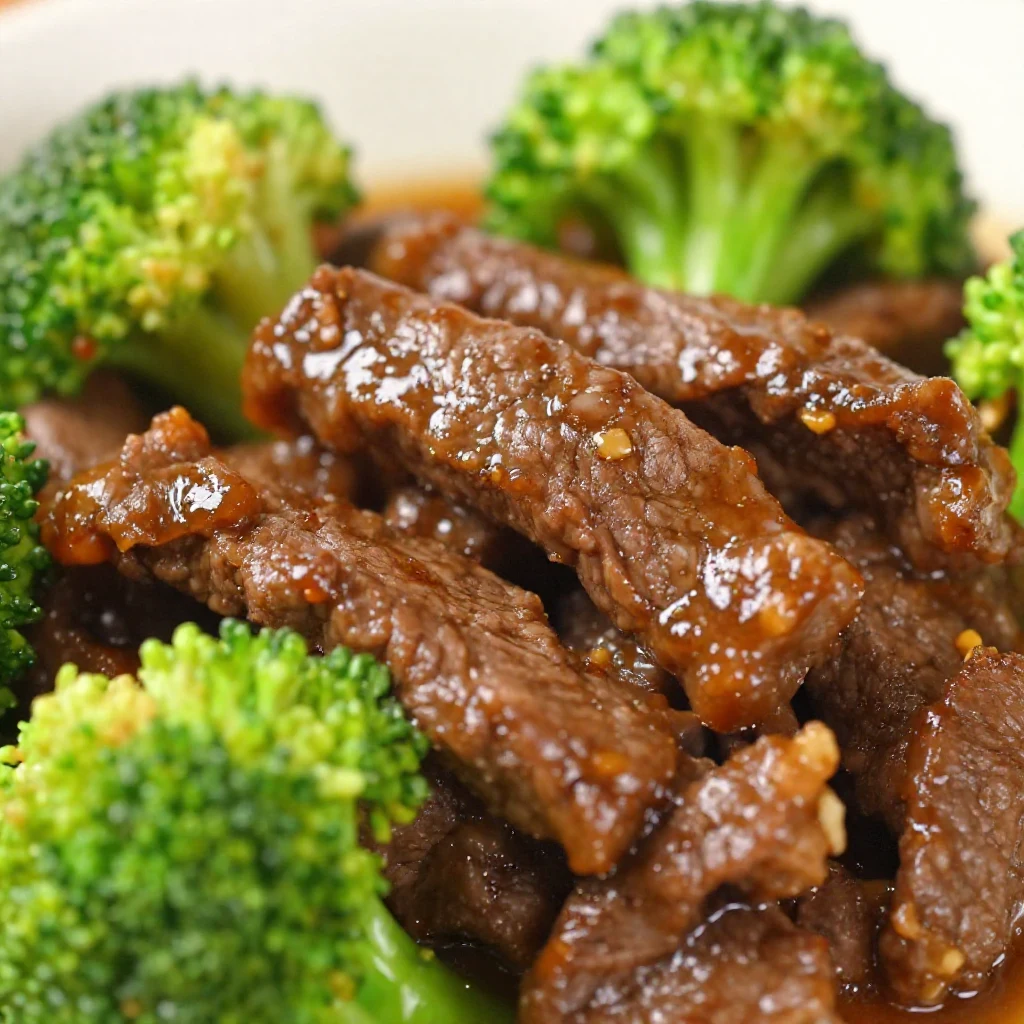 A close-up of a plate of Chinese beef and broccoli stir-fry with a rich brown sauce.