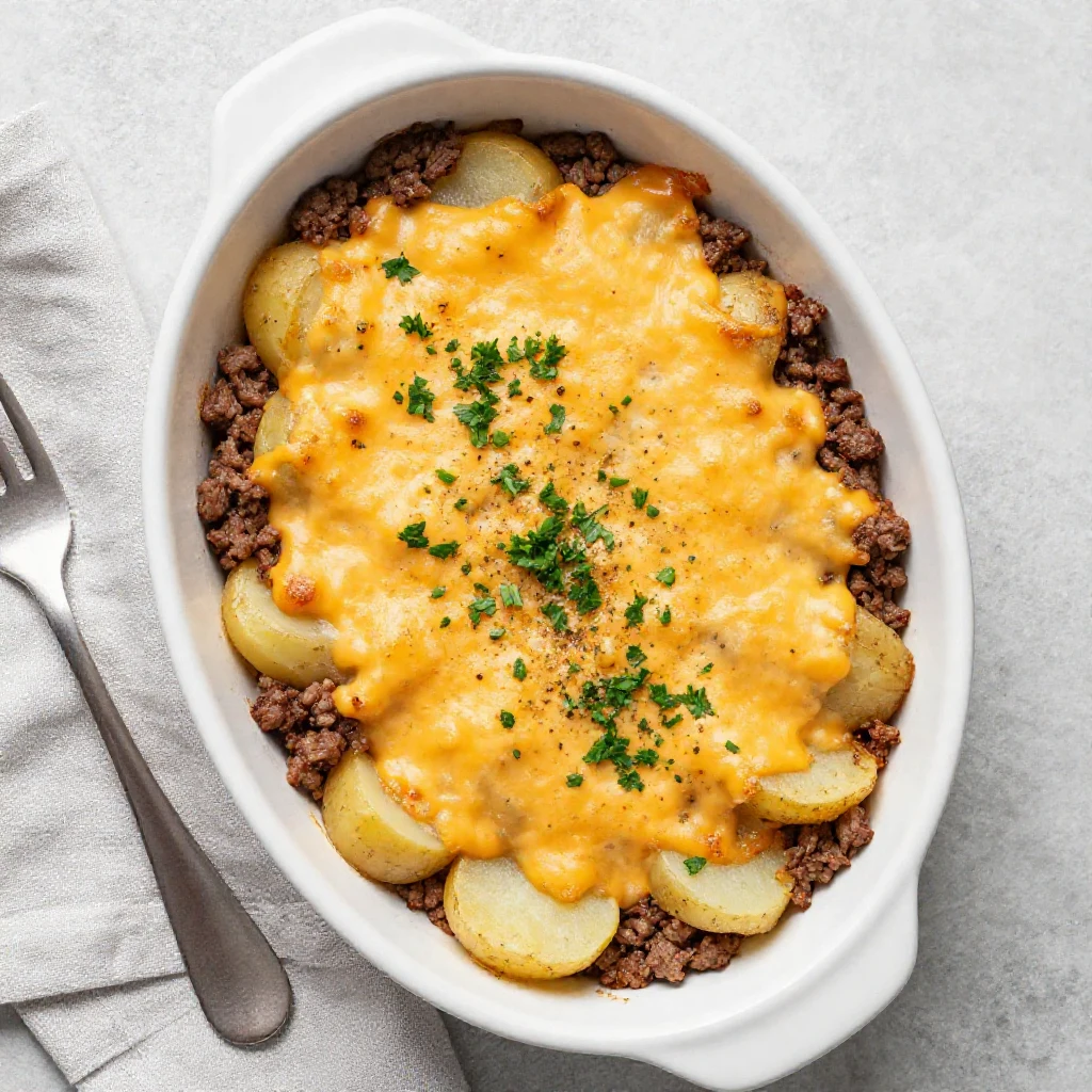 Close-up of a bubbling Hobo Casserole with ground beef, sliced potatoes, and vegetables in a baking dish, ready to serve.