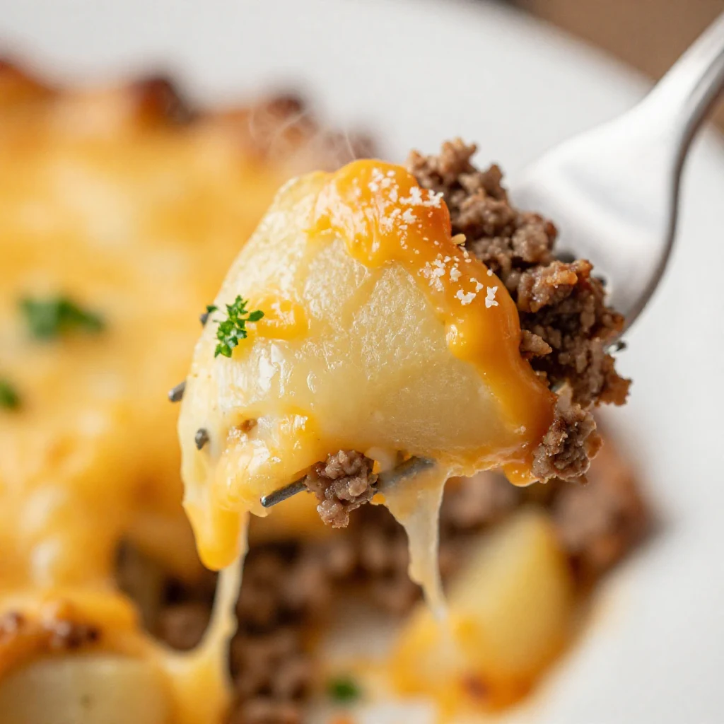 Close-up of a bubbling Hobo Casserole with ground beef, sliced potatoes, and vegetables in a baking dish, ready to serve.