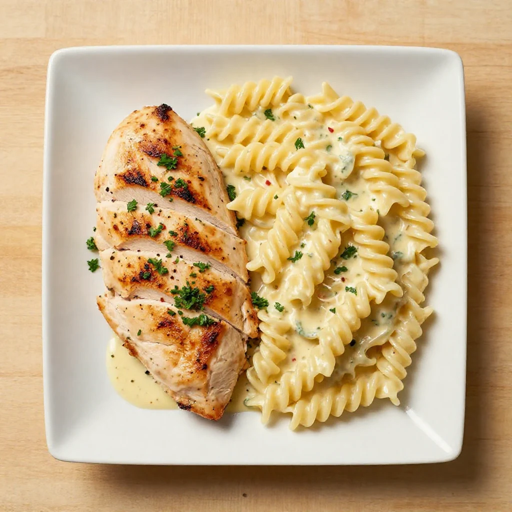 Close-up of a generous serving of creamy garlic parmesan chicken pasta in a white bowl, garnished with fresh parsley.