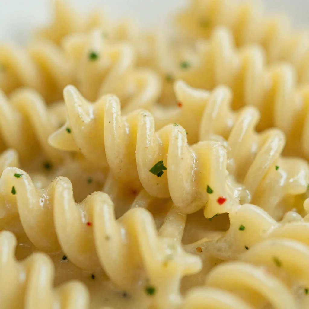 Close-up of a generous serving of creamy garlic parmesan chicken pasta in a white bowl, garnished with fresh parsley.