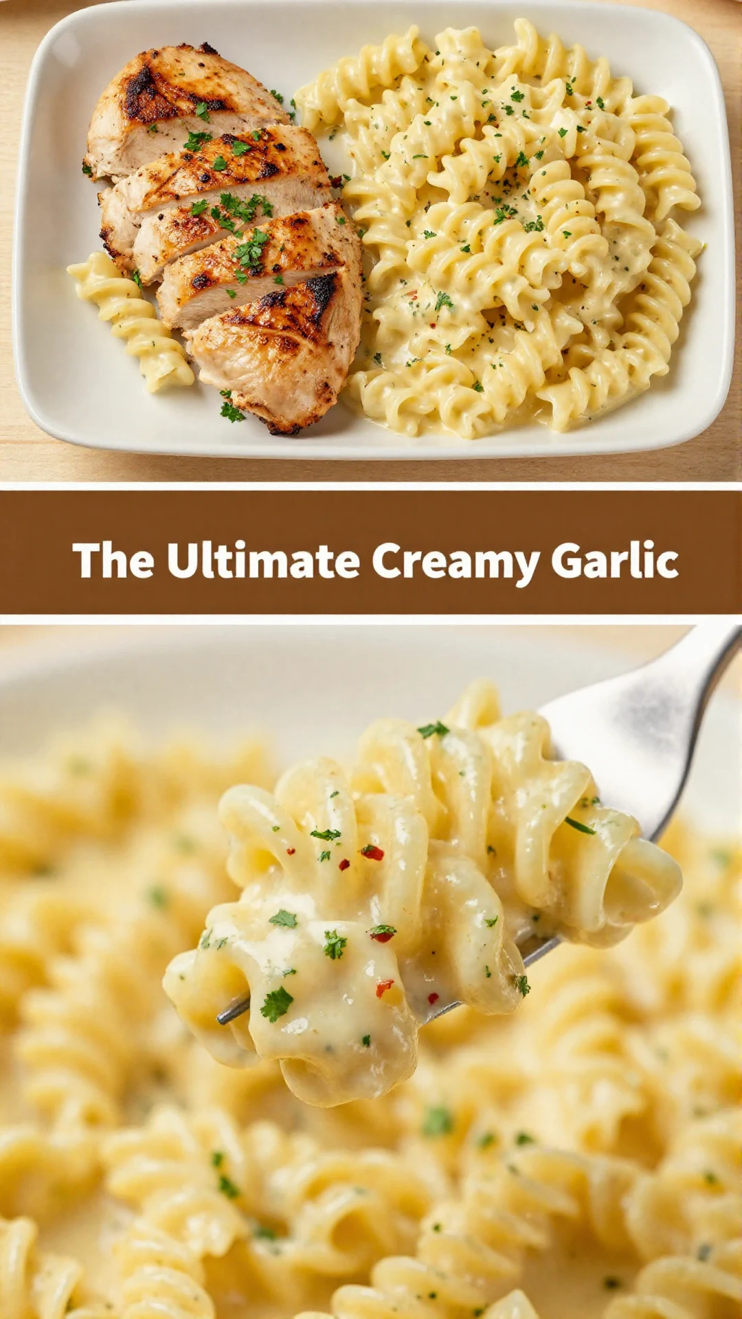 Close-up of a generous serving of creamy garlic parmesan chicken pasta in a white bowl, garnished with fresh parsley.