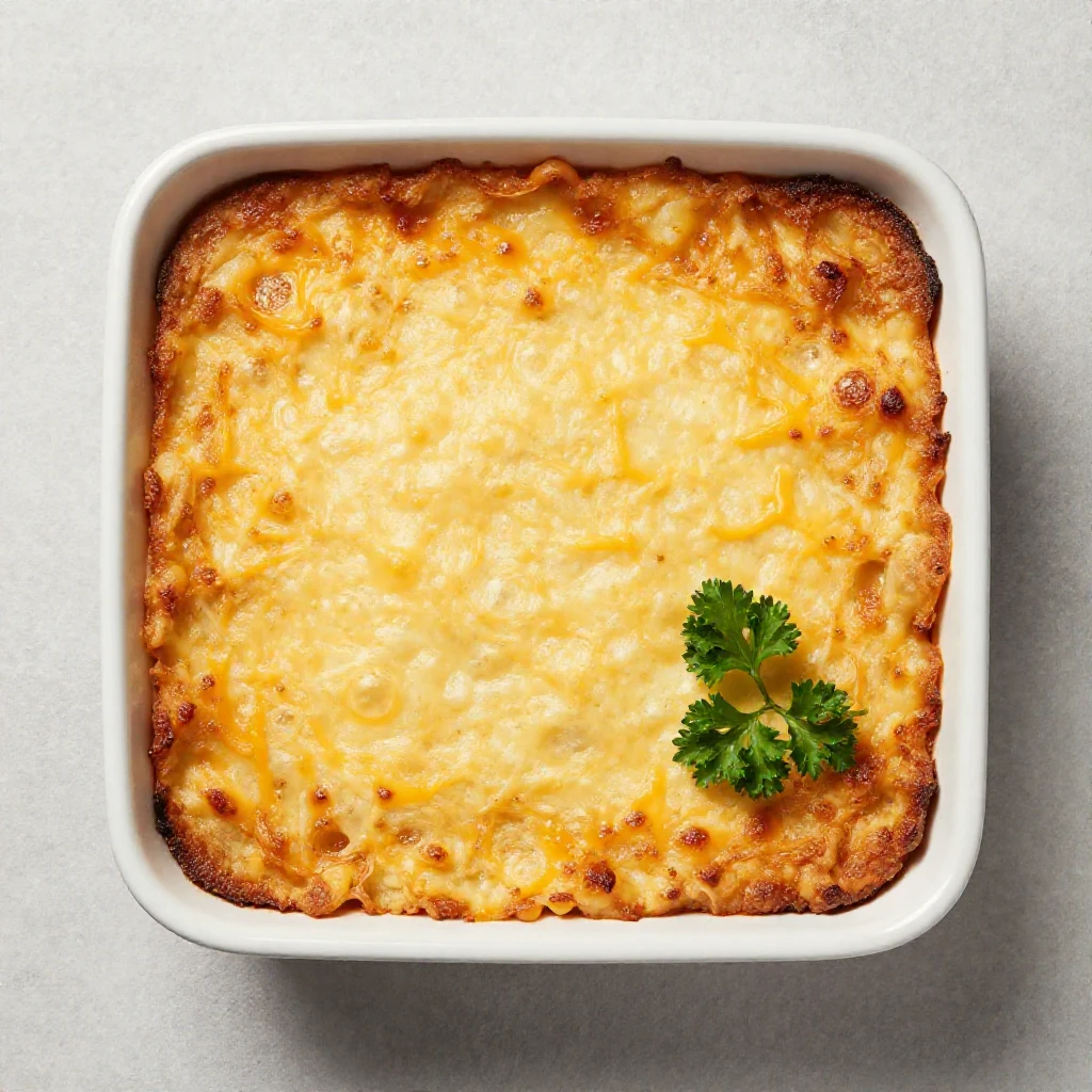 A close-up shot of a golden-brown, bubbly casserole dish, garnished with fresh herbs, ready to be served.