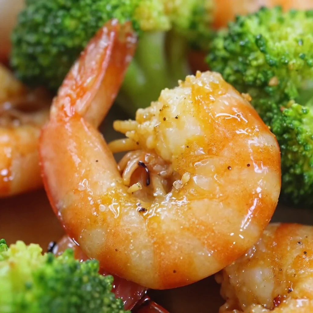 Close-up of a vibrant plate of honey garlic shrimp, glistening with sauce, garnished with fresh parsley, ready to be served.
