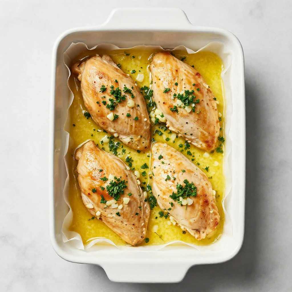 Close-up of a golden-brown garlic butter baked chicken breast, garnished with fresh parsley, served on a white plate.