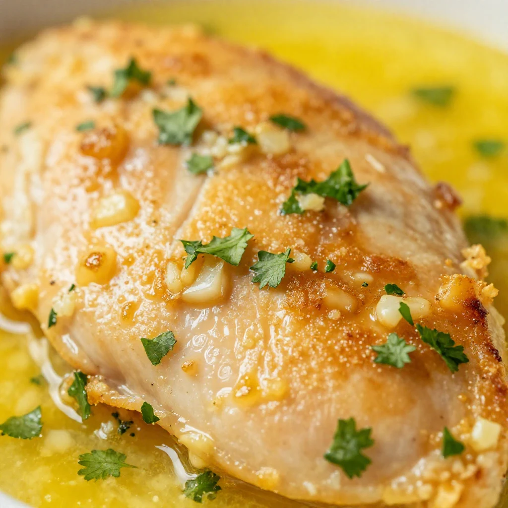 Close-up of a golden-brown garlic butter baked chicken breast, garnished with fresh parsley, served on a white plate.