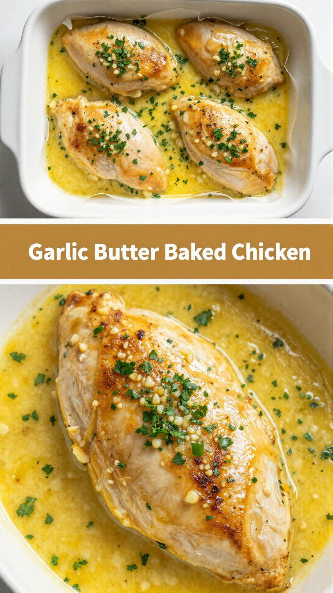 Close-up of a golden-brown garlic butter baked chicken breast, garnished with fresh parsley, served on a white plate.