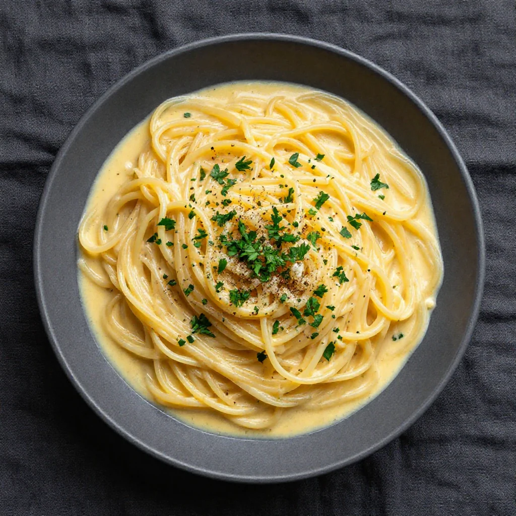 A close-up shot of creamy garlic parmesan spaghetti, garnished with fresh parsley and grated cheese, in a white bowl.