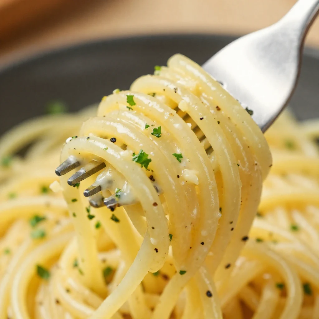A close-up shot of creamy garlic parmesan spaghetti, garnished with fresh parsley and grated cheese, in a white bowl.