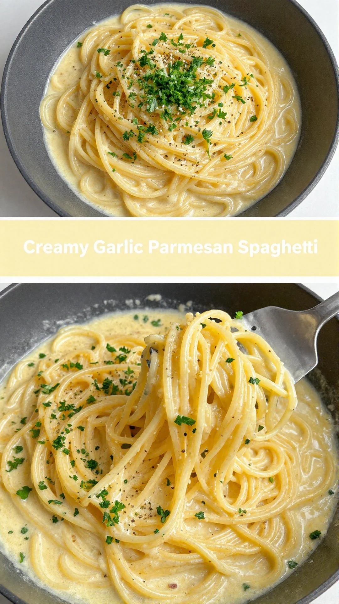 A close-up shot of creamy garlic parmesan spaghetti, garnished with fresh parsley and grated cheese, in a white bowl.