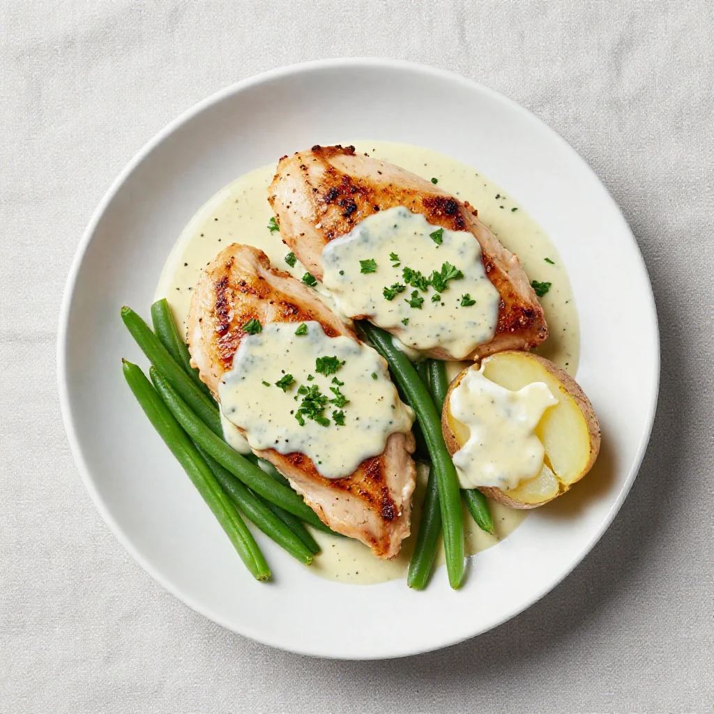 A close-up of baked chicken breasts coated in creamy ranch sauce, garnished with fresh chives, served in a white baking dish.