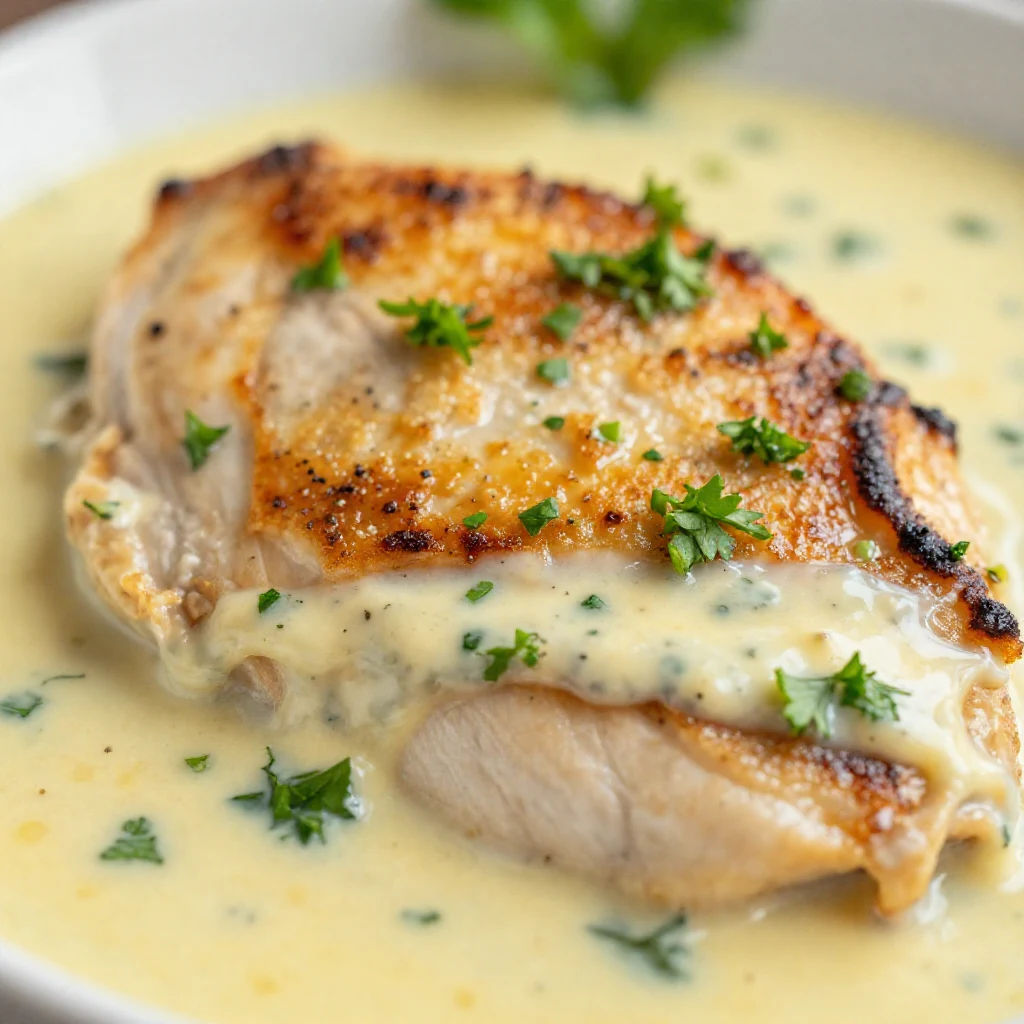 A close-up of baked chicken breasts coated in creamy ranch sauce, garnished with fresh chives, served in a white baking dish.