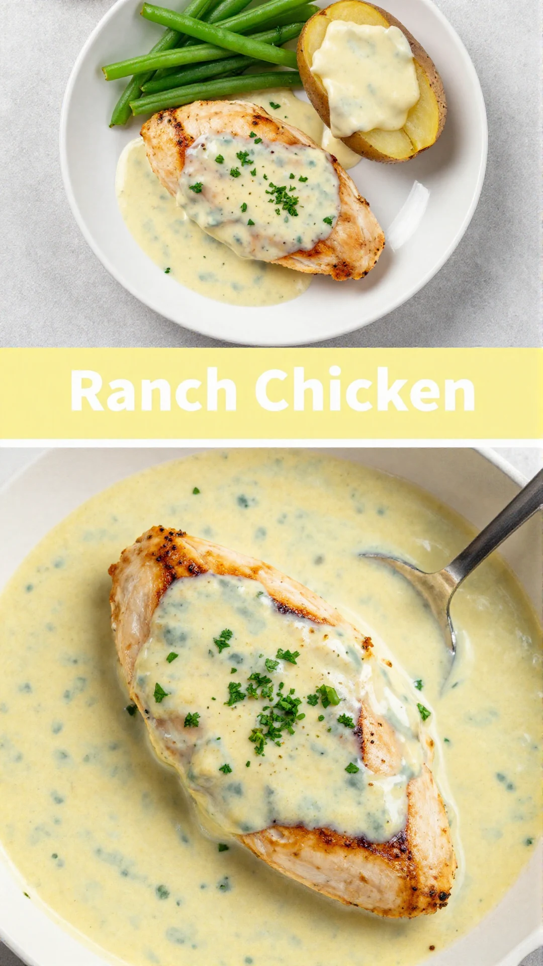 A close-up of baked chicken breasts coated in creamy ranch sauce, garnished with fresh chives, served in a white baking dish.