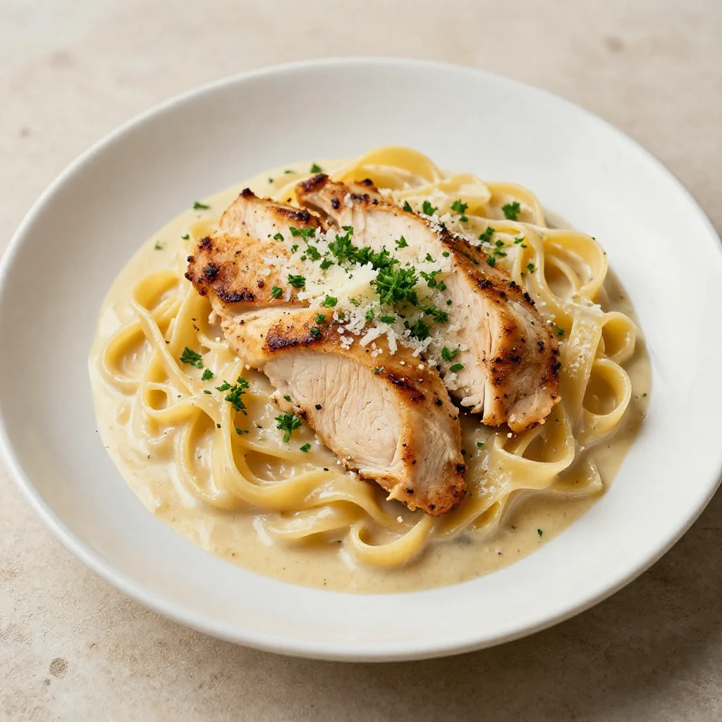 A bowl of creamy garlic parmesan chicken pasta topped with parsley