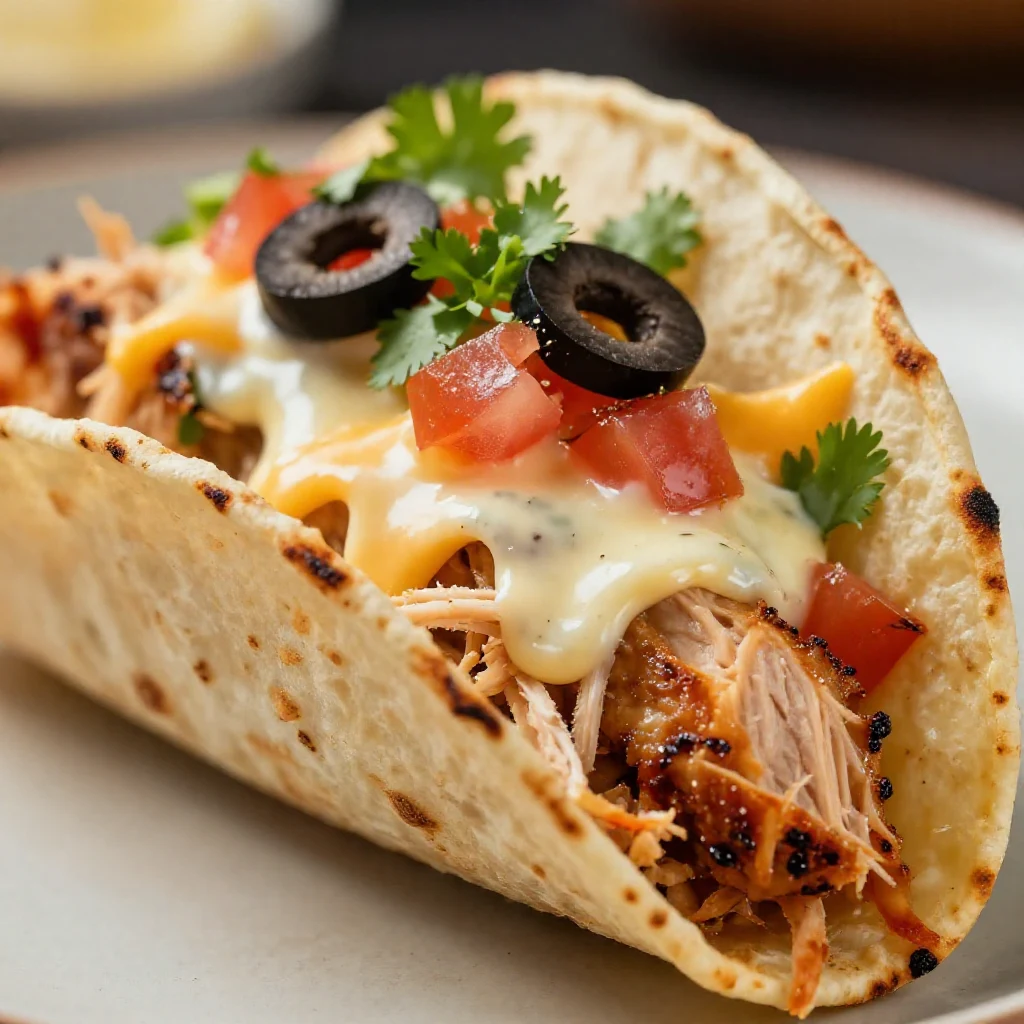 A plate of healthy crack chicken tacos topped with cheese and fresh cilantro