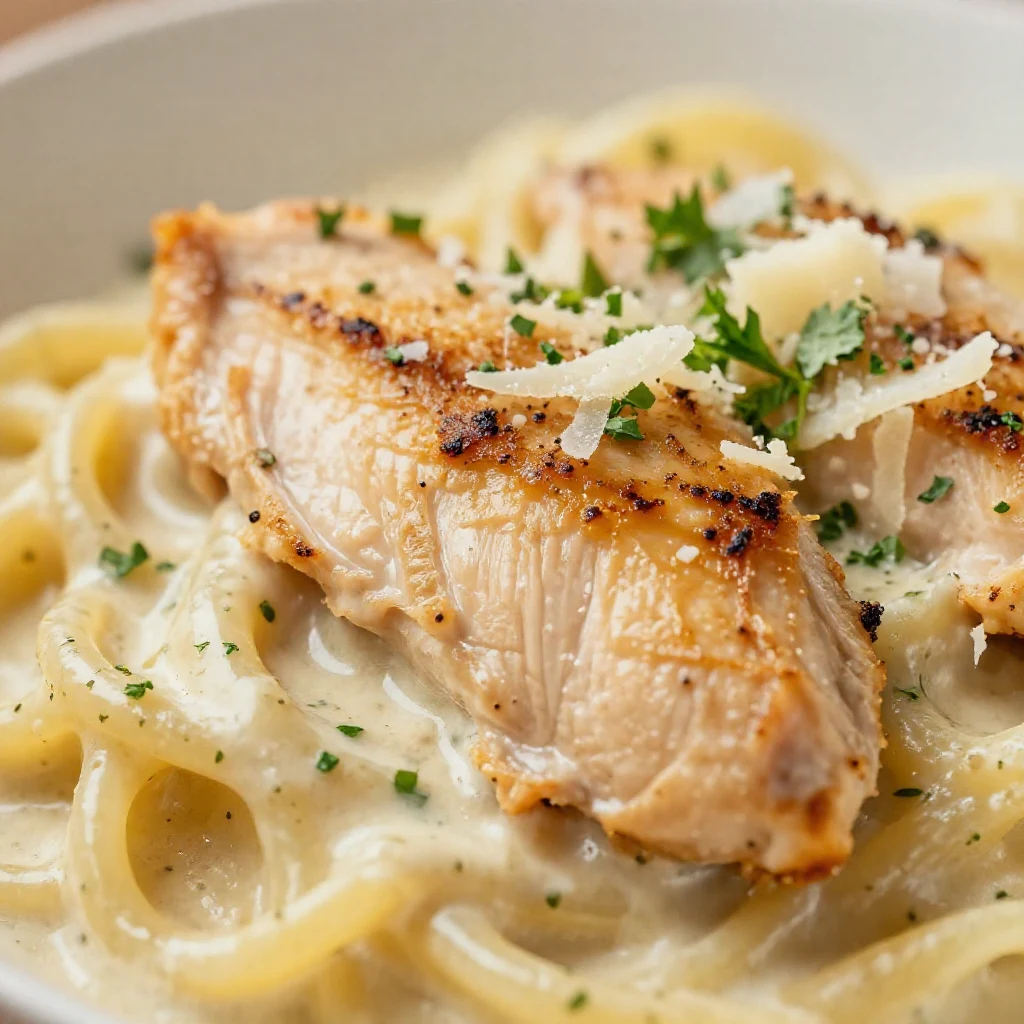 A bowl of creamy garlic parmesan chicken pasta topped with parsley