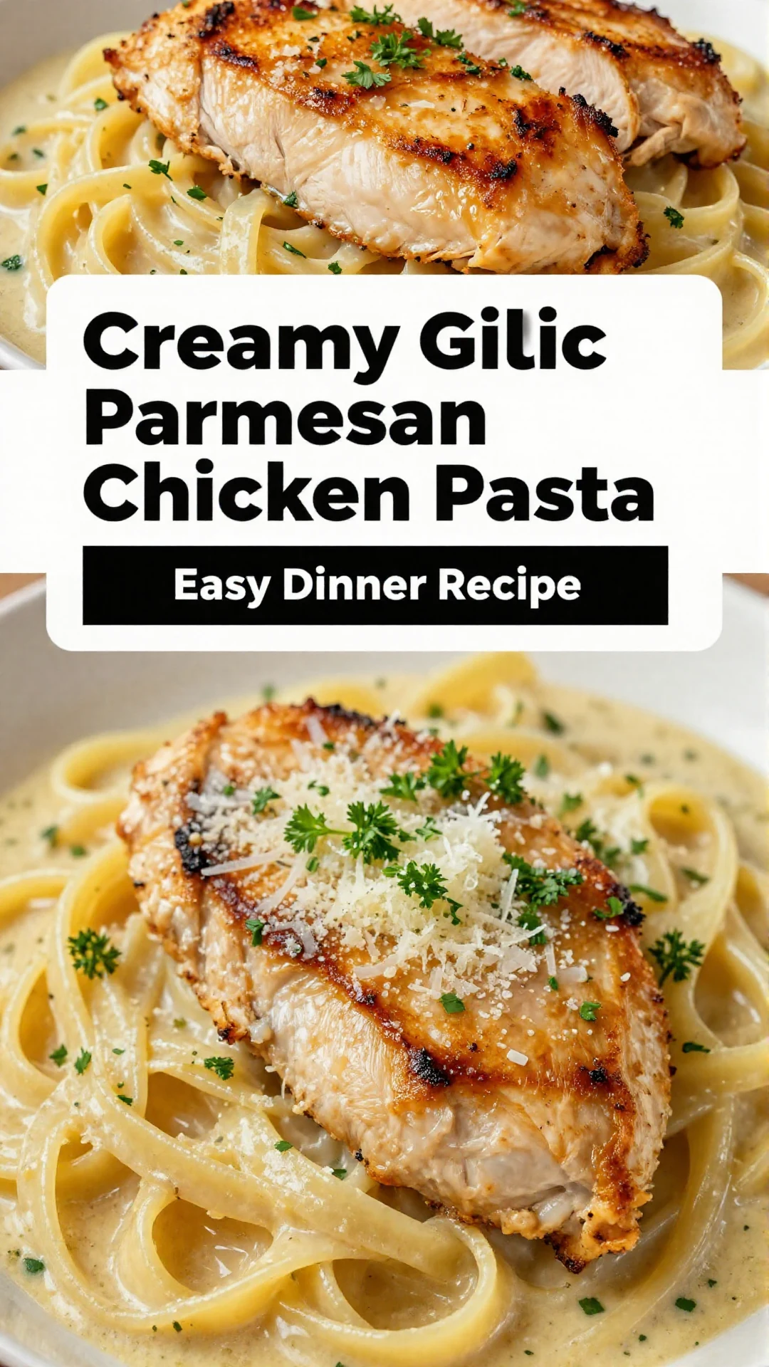 A bowl of creamy garlic parmesan chicken pasta topped with parsley