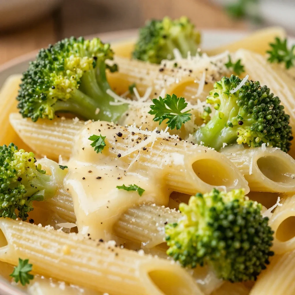A delicious bowl of broccoli and cheese pasta topped with grated cheese
