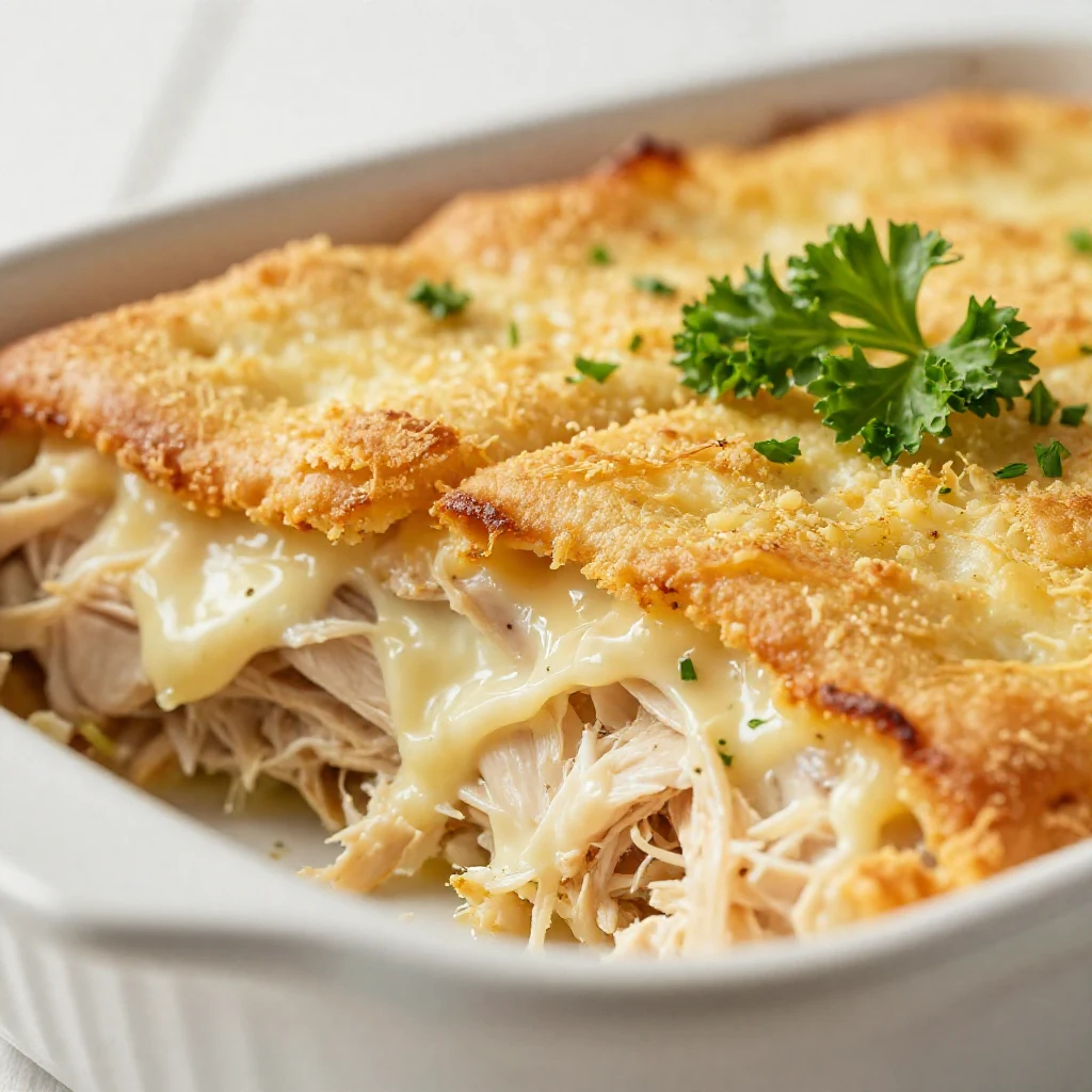 A delicious homemade million dollar chicken casserole topped with melted cheese and herbs