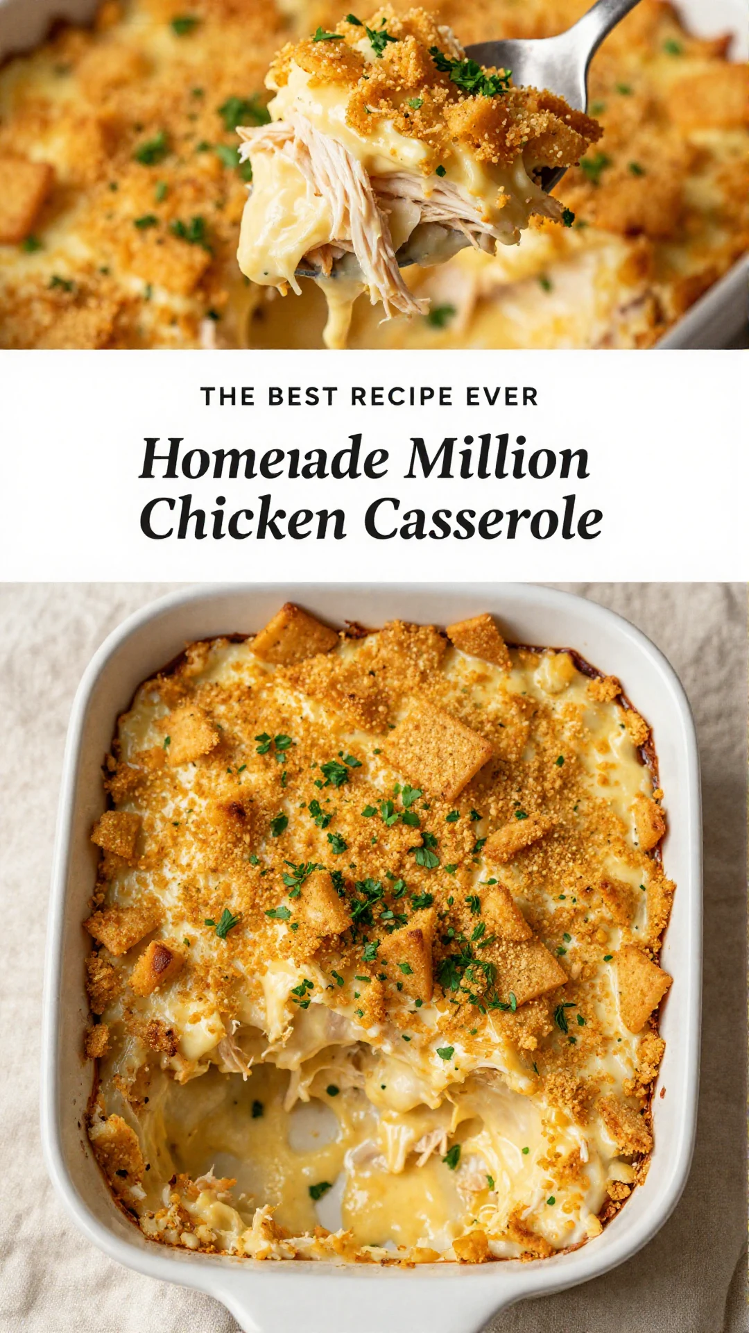 A delicious homemade million dollar chicken casserole topped with melted cheese and herbs