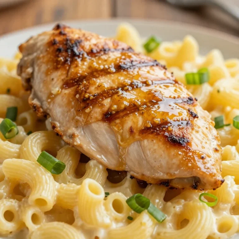 A delicious bowl of high protein honey garlic butter chicken mac and cheese topped with fresh herbs