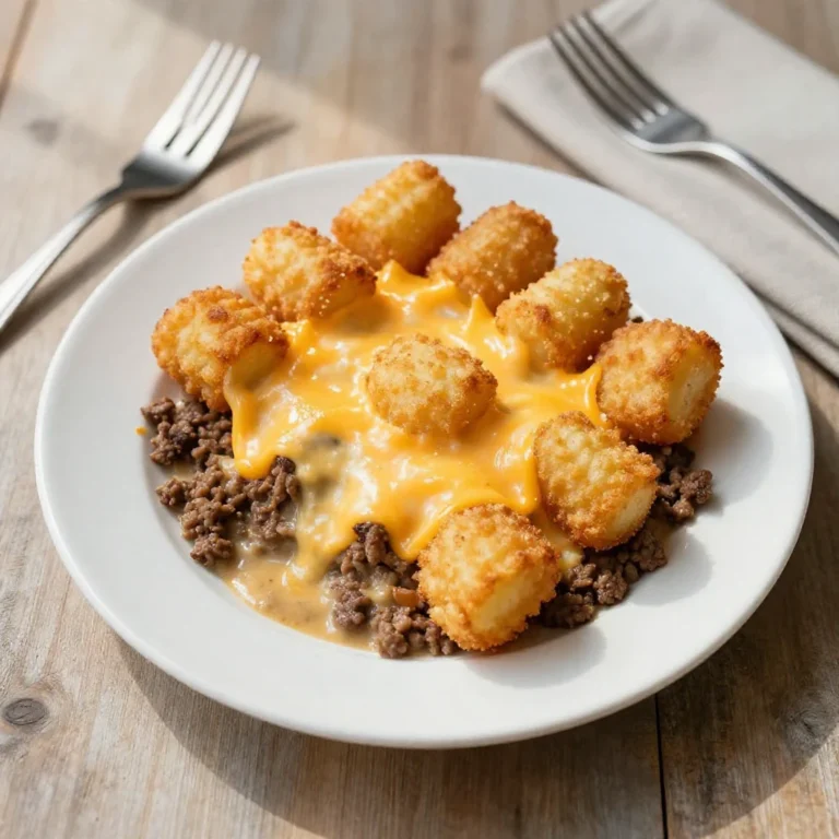 A hearty tater tot casserole topped with golden brown tater tots and ground beef, served in a white ceramic dish.