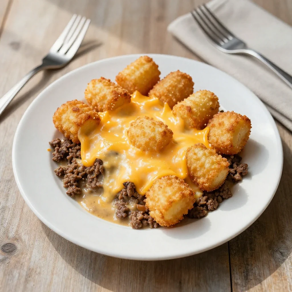 A hearty tater tot casserole topped with golden brown tater tots and ground beef, served in a white ceramic dish.