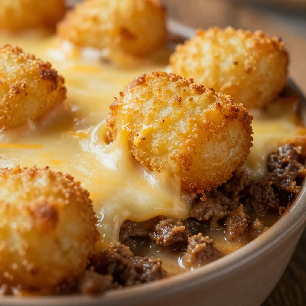 A hearty tater tot casserole topped with golden brown tater tots and ground beef, served in a white ceramic dish.