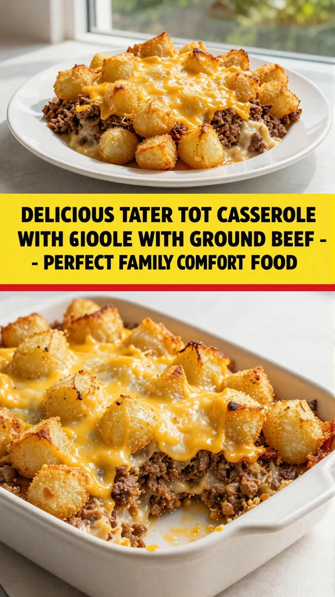 A hearty tater tot casserole topped with golden brown tater tots and ground beef, served in a white ceramic dish.