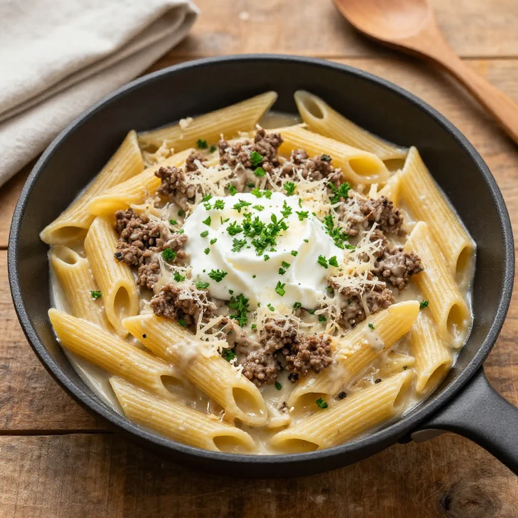 A bowl of creamy high protein beef pasta topped with fresh herbs