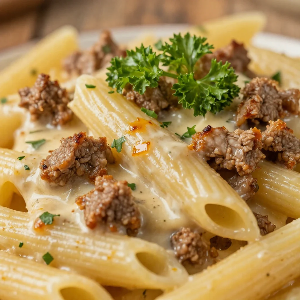 A bowl of creamy high protein beef pasta topped with fresh herbs