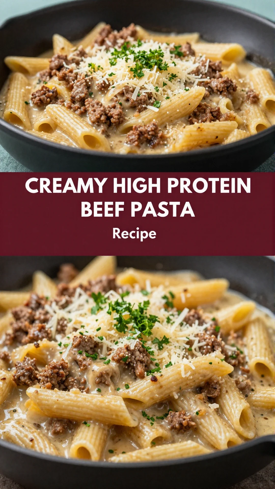 A bowl of creamy high protein beef pasta topped with fresh herbs