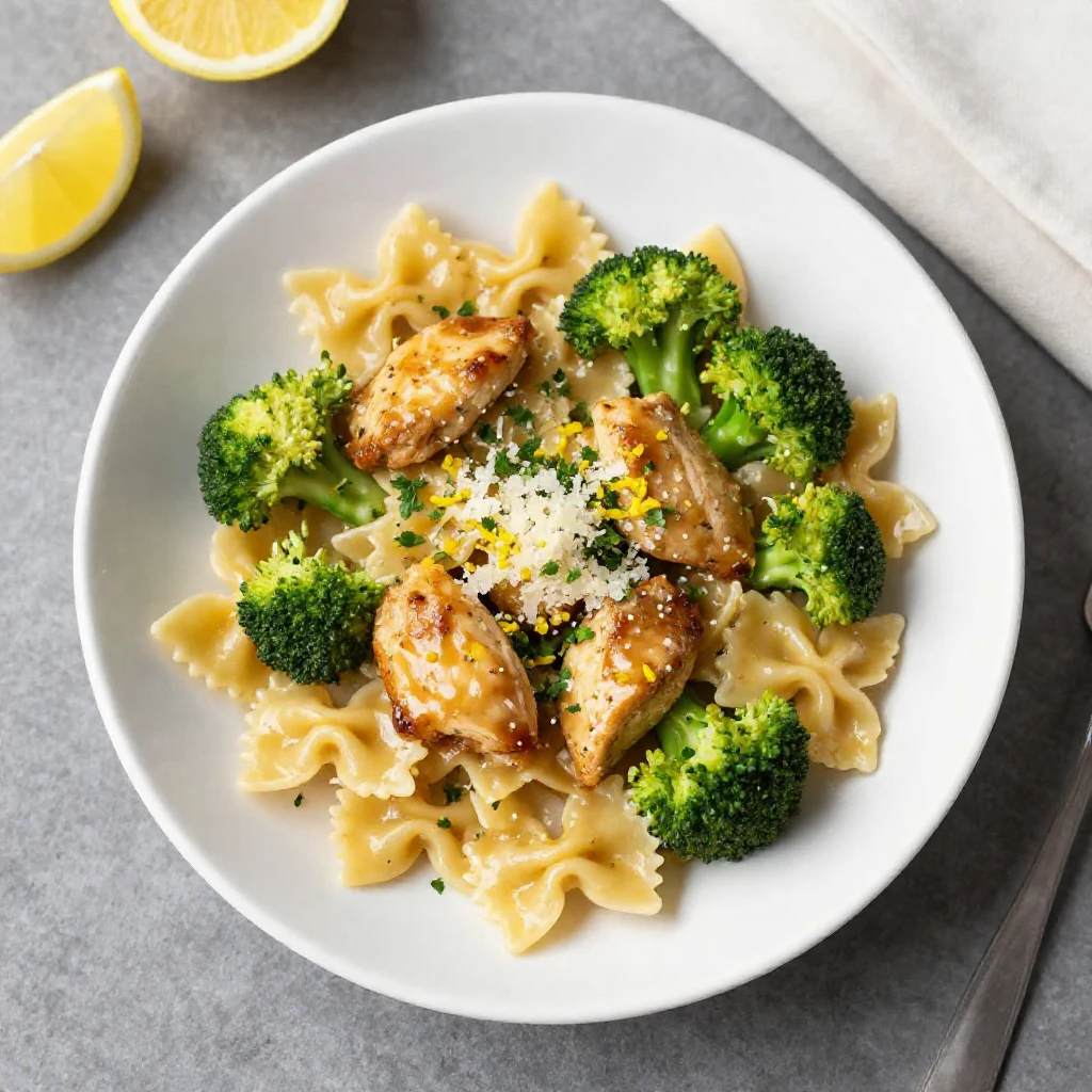 A plate of Cowboy Butter Lemon Bowtie Chicken with broccoli, garnished with lemon slices.