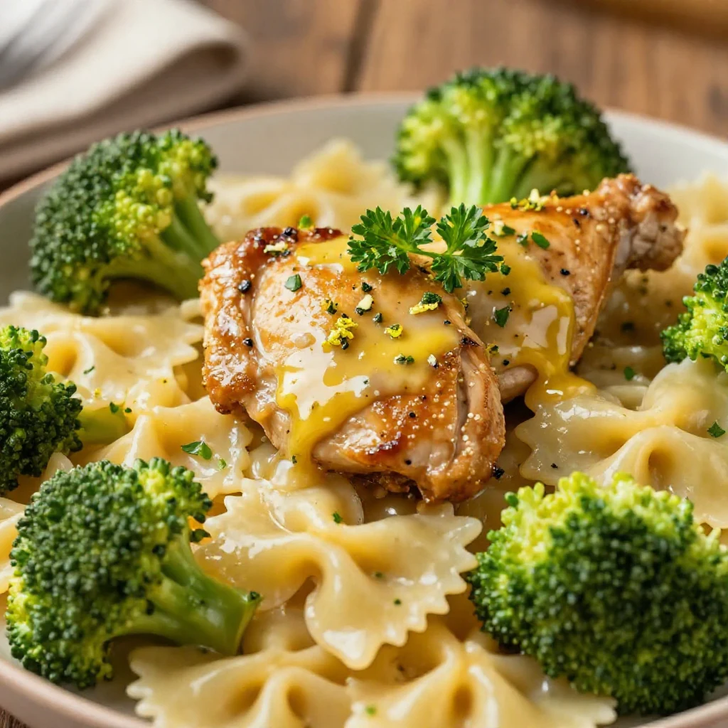 A plate of Cowboy Butter Lemon Bowtie Chicken with broccoli, garnished with lemon slices.
