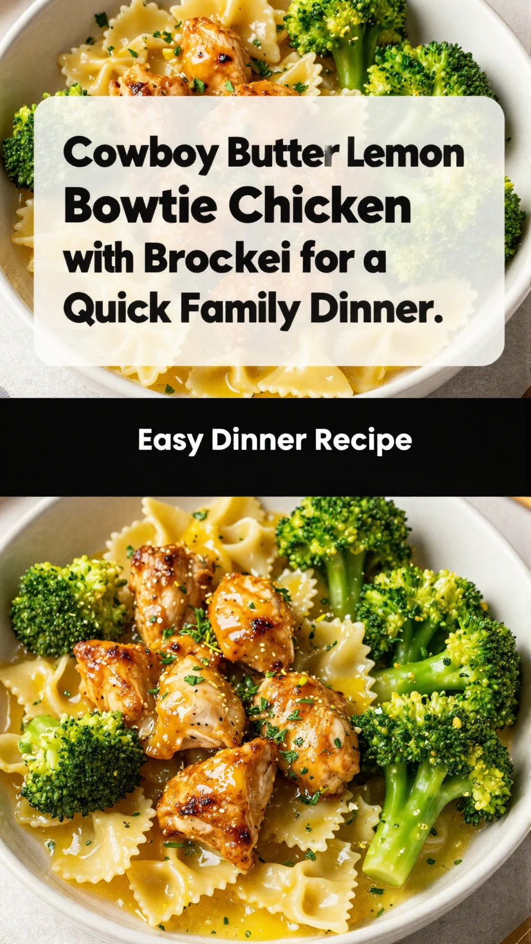 A plate of Cowboy Butter Lemon Bowtie Chicken with broccoli, garnished with lemon slices.
