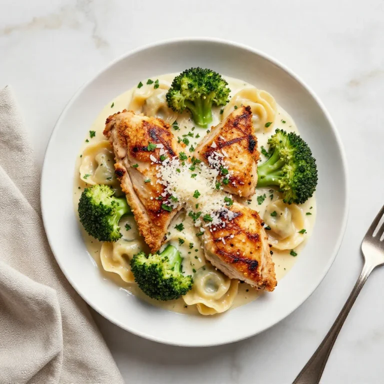 A delicious plate of creamy garlic parmesan chicken tortellini topped with parsley