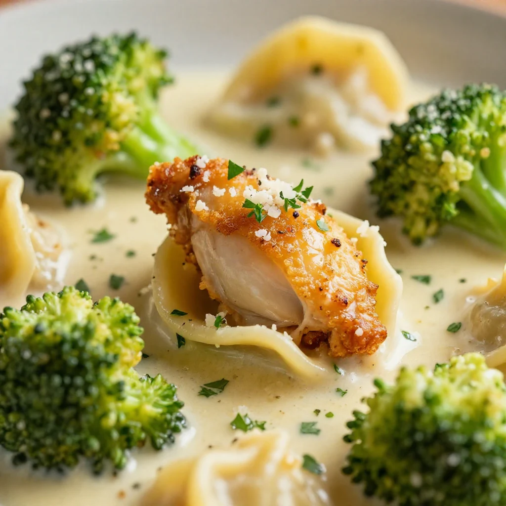 A delicious plate of creamy garlic parmesan chicken tortellini topped with parsley