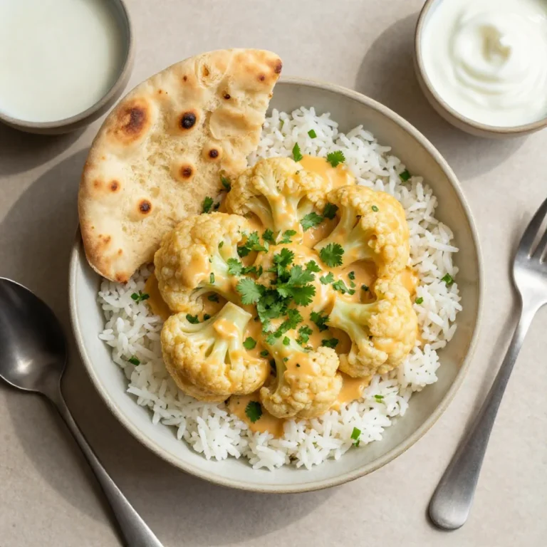 A creamy butter cauliflower dish garnished with fresh herbs
