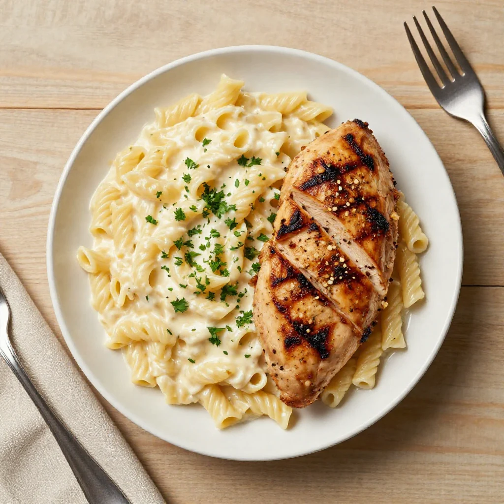 A creamy Velveeta Alfredo chicken rotini pasta dish served in a bowl